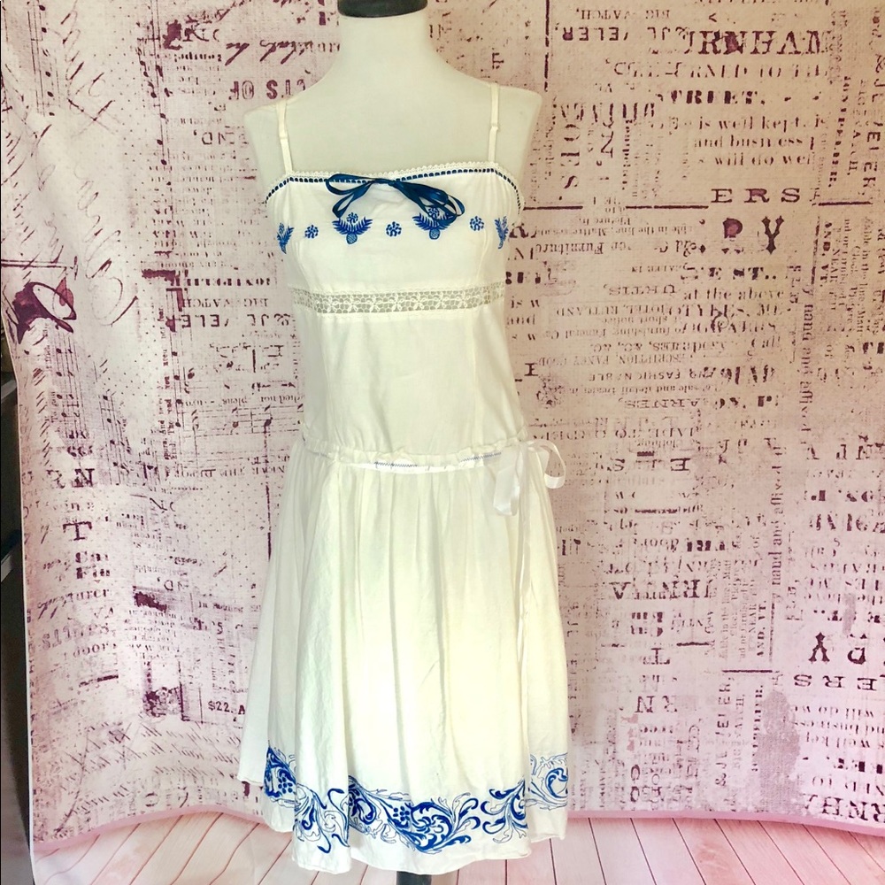 White and blue Embroidered flare dress